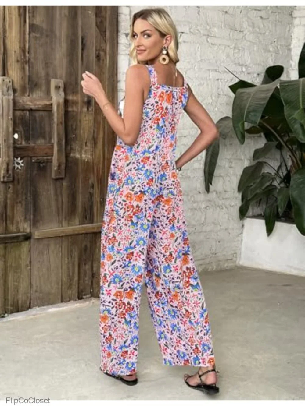 Women's Boho Floral Print Loose Wide Leg Jumpsuit with Pockets